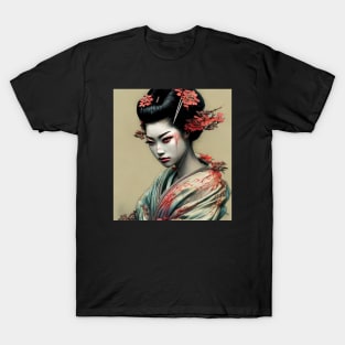 Japanese geisha head painting with flowers T-Shirt